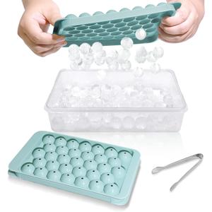 WIBIMEN Ice Cube Tray with Lid and Bin - Round Ice Trays for Freezer with Lid - Ice Cube Trays for Freezer with Ice Container (0.8"-2PACK Blue)