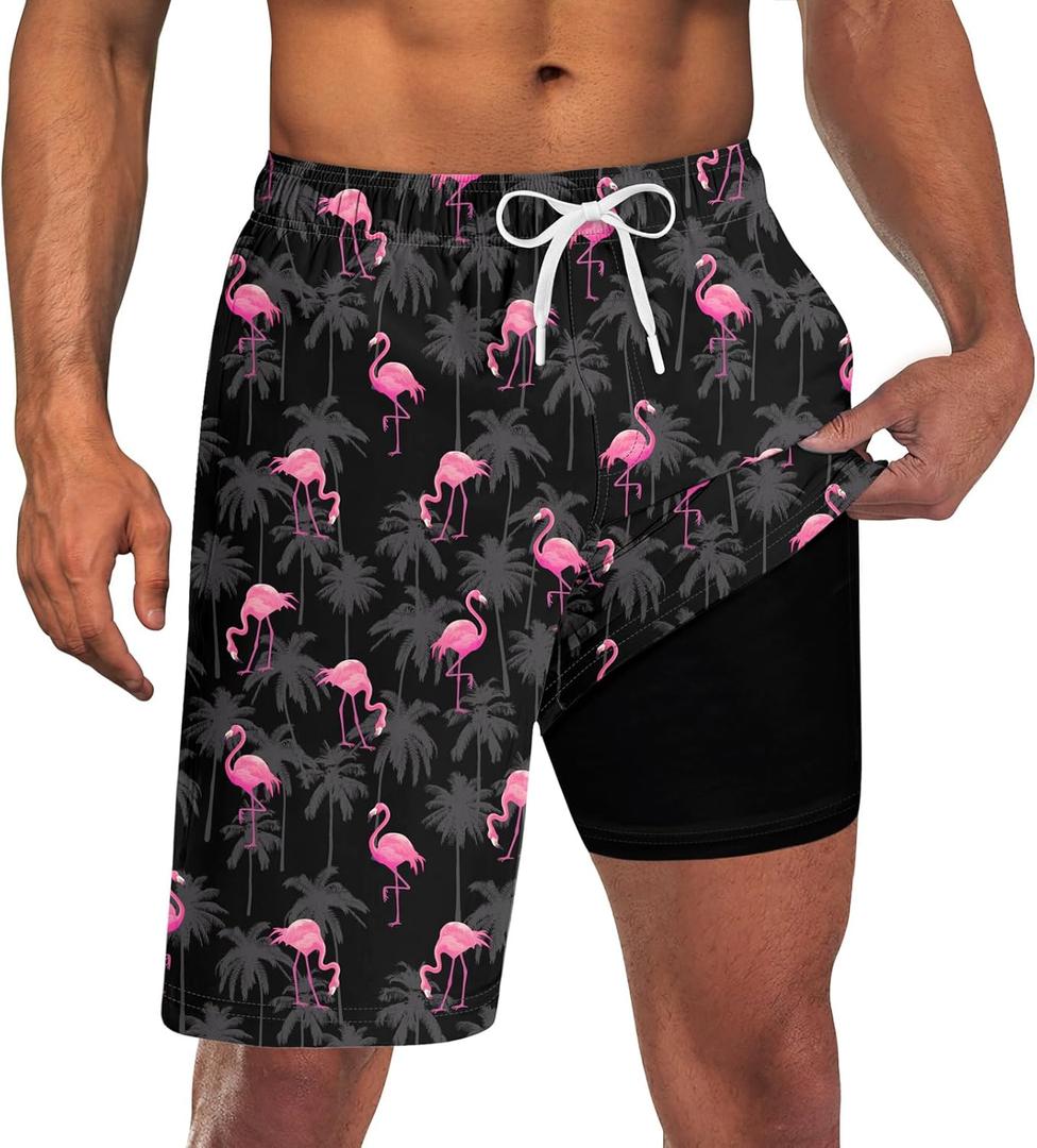 UNICOMIDEA Men Swim Trunks with Compression Liner 9 Inch Long Board Shorts, Medium, A2 Black Pink