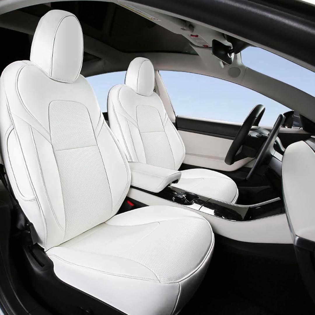 NLQR Full Seat Cover Set PU Leather Perforated Protector Cushion White Compatible with Tesla Model 3 2017 2018 2019 2020 2021 2022 2023