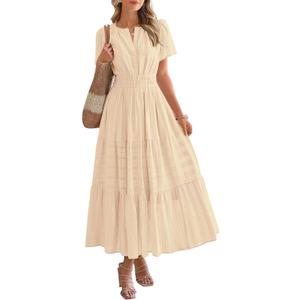 BTFBM Womens Summer 2026 Casual Midi Maxi Dresses Lightweight Short Sleeve V Neck Elastic Waist Boho Beach Dress Pockets (Apricot, Medium)
