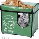 Indestructible Cat House Outdoor with Two-Sided Escape Door, Insulated and 100% Waterproof, Outside Weatherproof Feral Cat Shelter for Winter, Oxford Cloth Upgraded (Green, S)