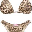 seamoly Women's Bikini Sets Tie Back Bowknot Two Piece Swimsuits Triangle Thong Bathing Suit Gingham Floral Cherry Printing (Veiled Leopard) Size S