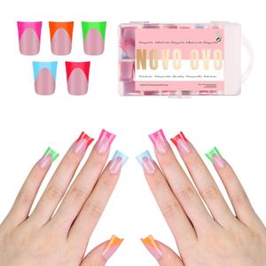 NOVO OVO French Tip Short Duck Nail Tips Press On 5 MIXED COLOR, Pre-designed Soft Gel Nail Extension, Pre-applied Tip Primer & Base Coat, Full Cover Acrylic False Nails for DIY x 12 Sizes 240 pcs