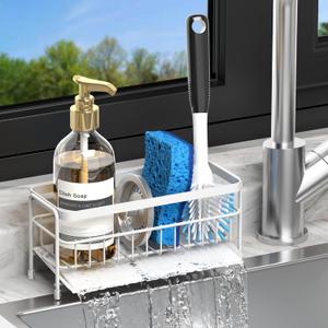 Trendy Quick-Dry Sink Caddy, Sponge Holder for Kitchen Sink with Self-Draining Metal Tray, Storage Organizer Rack for Sponge/Dish Soap/Gadgets, 2-Layer Rustproof Brush Holder for countertop - White