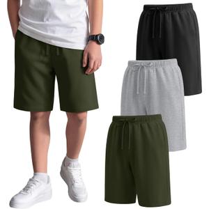 3 Pack Boys Shorts Kids Pull on Athletic Baggy Sweat Shorts with Pockets Elastic Waist Summer Casual 5-14 Years (11-12 Years, Black, Army Green, Light Mixed Gray)