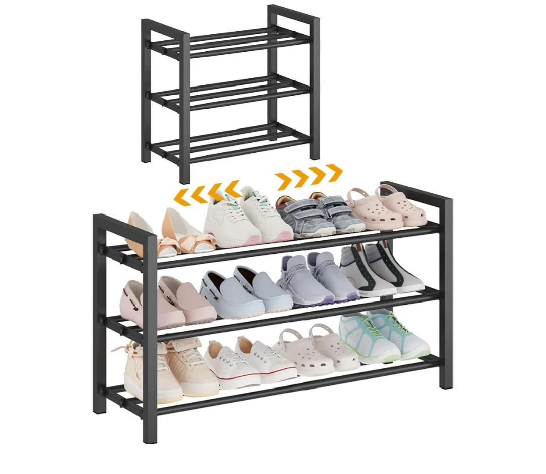 3-Tier Expandable Shoe Rack – Adjustable Heavy-Duty Metal Shoe Organizer Shelf for Closet, Entryway, Mudroom & Garage – Durable Freestanding Storage, Black