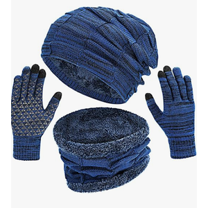 Mens Hat Set Touchscreen Glove Neck Warmer Winter Hats Scarf Gloves Set Slouchy Beanie Knit Fleece Skull Cap (Blue)