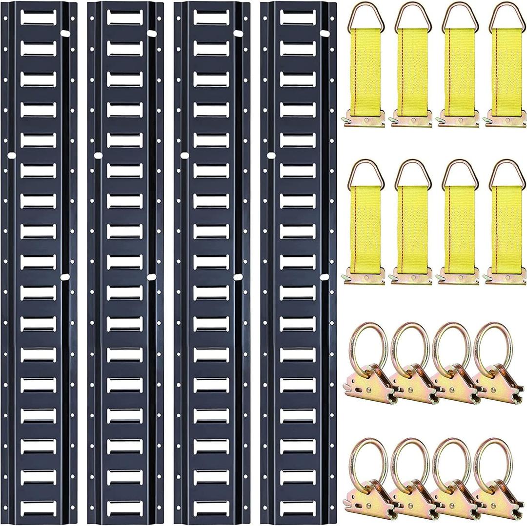 Trekassy 8ft E Track Tie-Down Rail Kit, 4 Pack 8' Etrack Rails with 16PCS E-Track Accessories Including 8 Steel O-Ring Anchors and 8 Rope Tie Offs for Truck Bed, Trailers (Black)