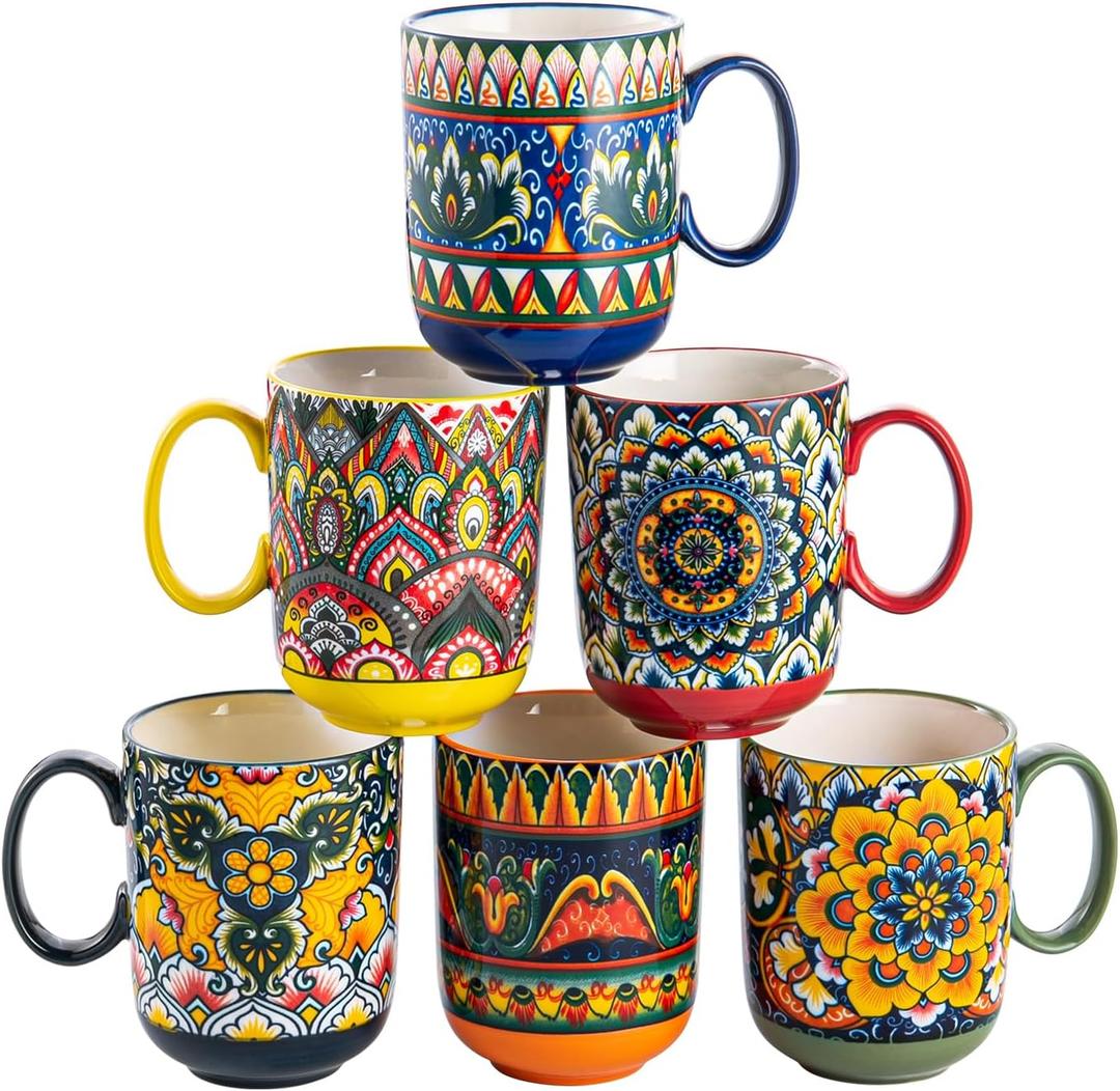 Henten Home Porcelain Coffee Mug Set of 6, 14 oz Colorful Latte Cup with Handle, Boho Ceramic Mug for Hot Chocolate, Milk, Tea, Cappuccino, Cocoa, Microwave & Dishwasher Safe