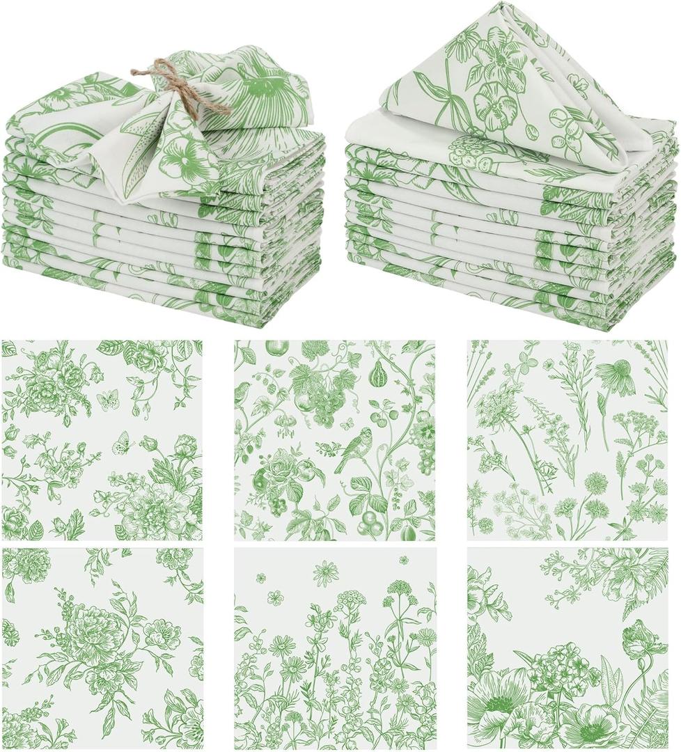 Kochorie 24 Pieces Green Floral Cloth Napkins, 18 x 18 Inch Reusable Soft Fabric Napkins, Washable Flower Dinner Cocktail Napkin for Spring Summer Tea Party Holiday Home Kitchen Wedding Restaurant