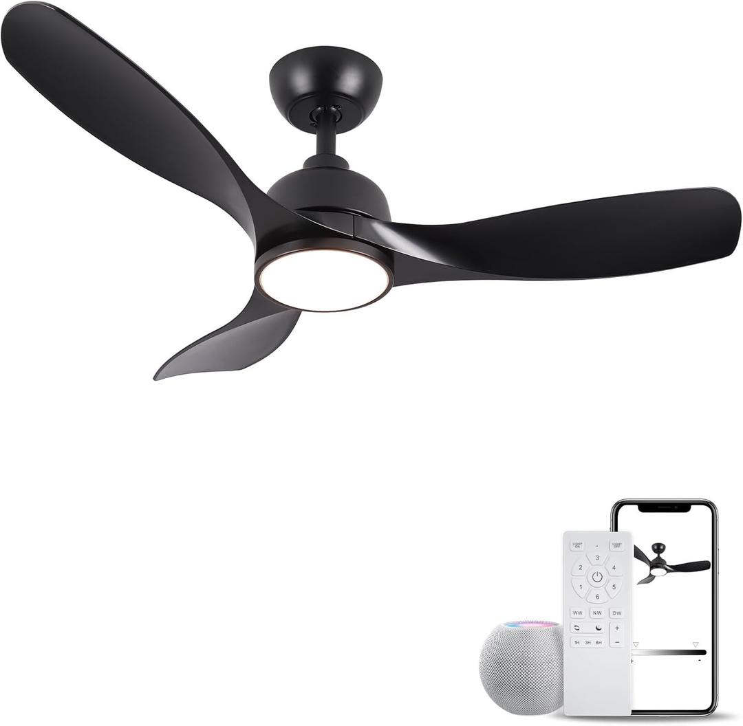 42 Inch Ceiling Fan with Light, Outdoor Ceiling Fans with Reversible Motor, Dimmable, 3-Colors Temperature, 3 ABS Blades, Black Ceiling Fan with Light and Remote for Living Room, Bedroom