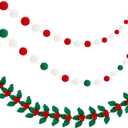 Tatuo 3 Pcs Christmas Felt Ball Garland Colorful Pom Pom Garlands Red Green and White Decorative Holly and Berries Hanging Felt Banners for Christmas Xmas Holiday Decor