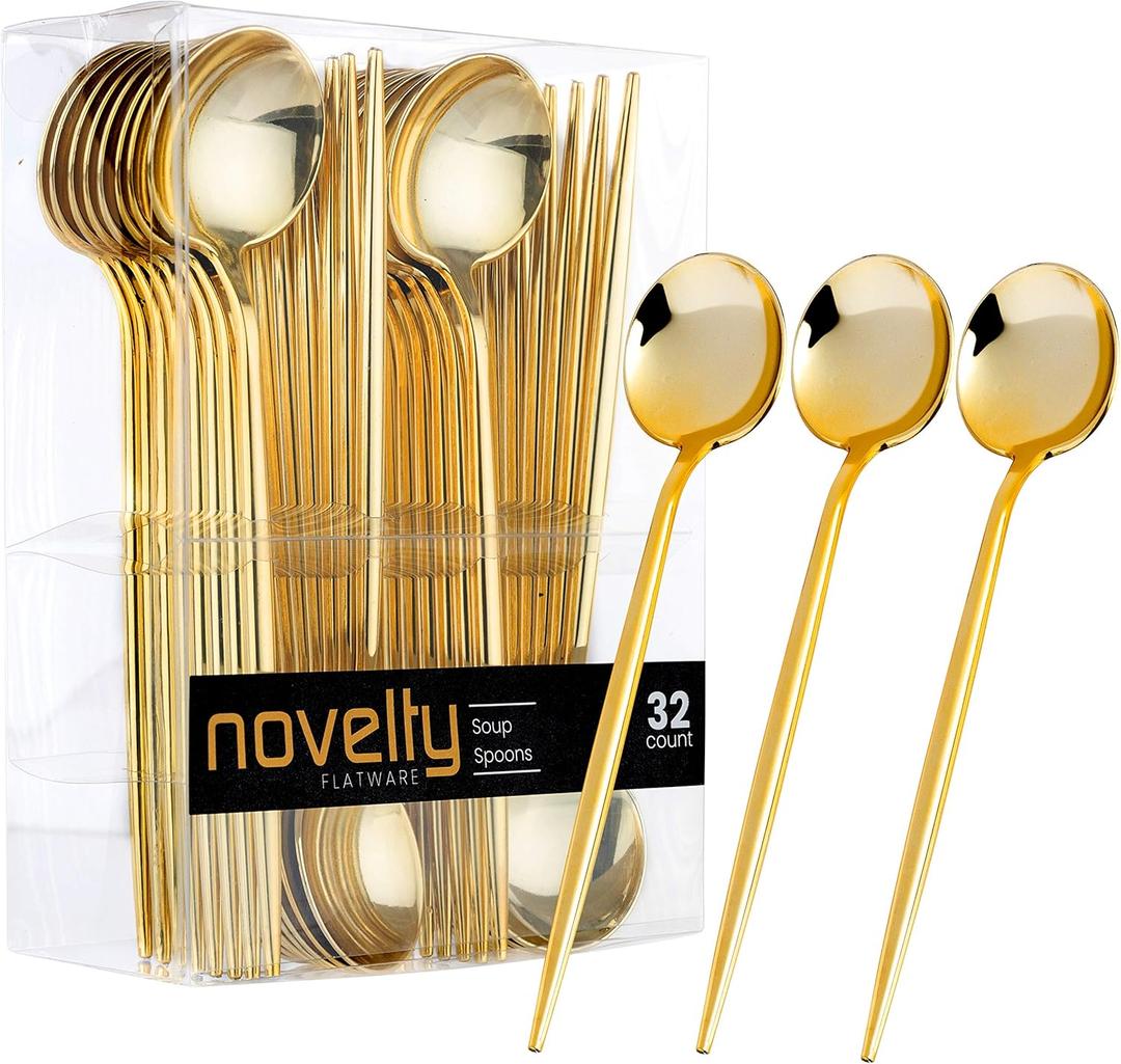 Novelty Modern Flatware, Cutlery, Disposable Plastic Soup Spoons Luxury Gold 32 Count