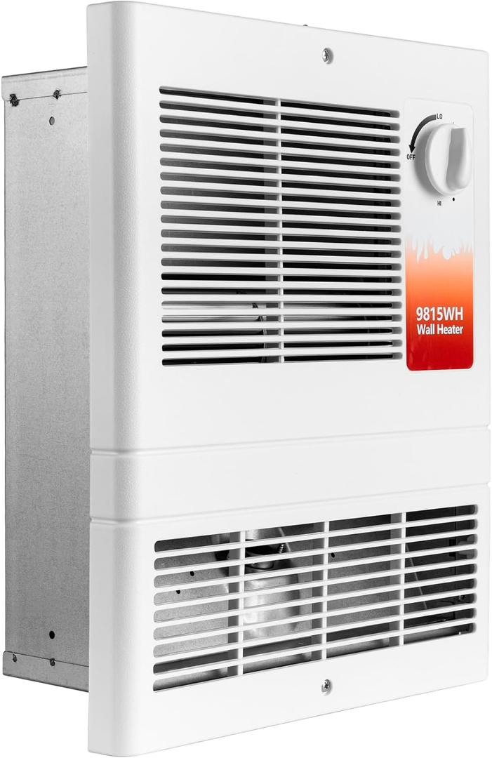 9815WH High Capacity Wall Heater with Built-In Adjustable Thermostat for Indoor Use, 1500W/750W, 120/240V, White