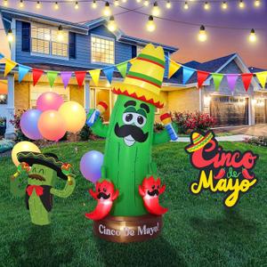 7ft Cinco De Mayo Carnival Inflatable Decoration, Cactus Inflatable Decoration for Mexican Carnival, Built-in LED Light, Suitable for Outdoor Garden Lawn, Yard Queue Carnival