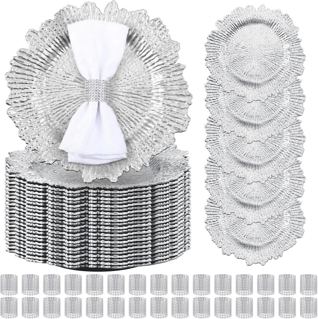 50 Sets Silver Reef Charger Plates Bulk with Napkin Rings Include 13" Round Chargers for Dinner Plates and Mesh Diamonds Napkin Rings for Table Setting, Wedding Party