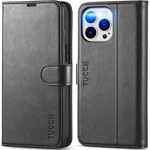 TUCCH Case Wallet for iPhone 14 Pro Max 6.7", RFID Blocking 4 Card Holder Stand [Shockproof TPU Interior Shell] PU Leather Magnetic Protective Flip Cover, Black