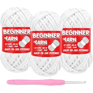 Beginners Crochet Yarn Set - 3x50g Snowy White, Chunky Thick Bulky Cotton Soft for Easy Stitches, Knitting & Crocheting