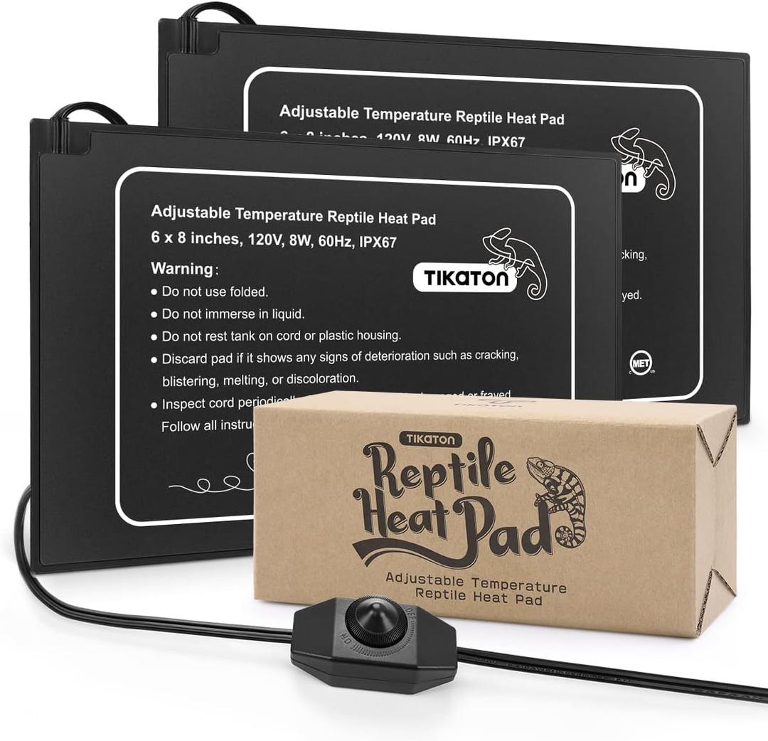 Tikaton Reptile Heat Pad - Adjustable Temperature Under Tank Heater for 10-20gal/30-40gal Tank, Terrarium Heat Mat for Turtle/Snake/Lizard/Frog/Spider/Plant Box (2 Pack-6" X 8")