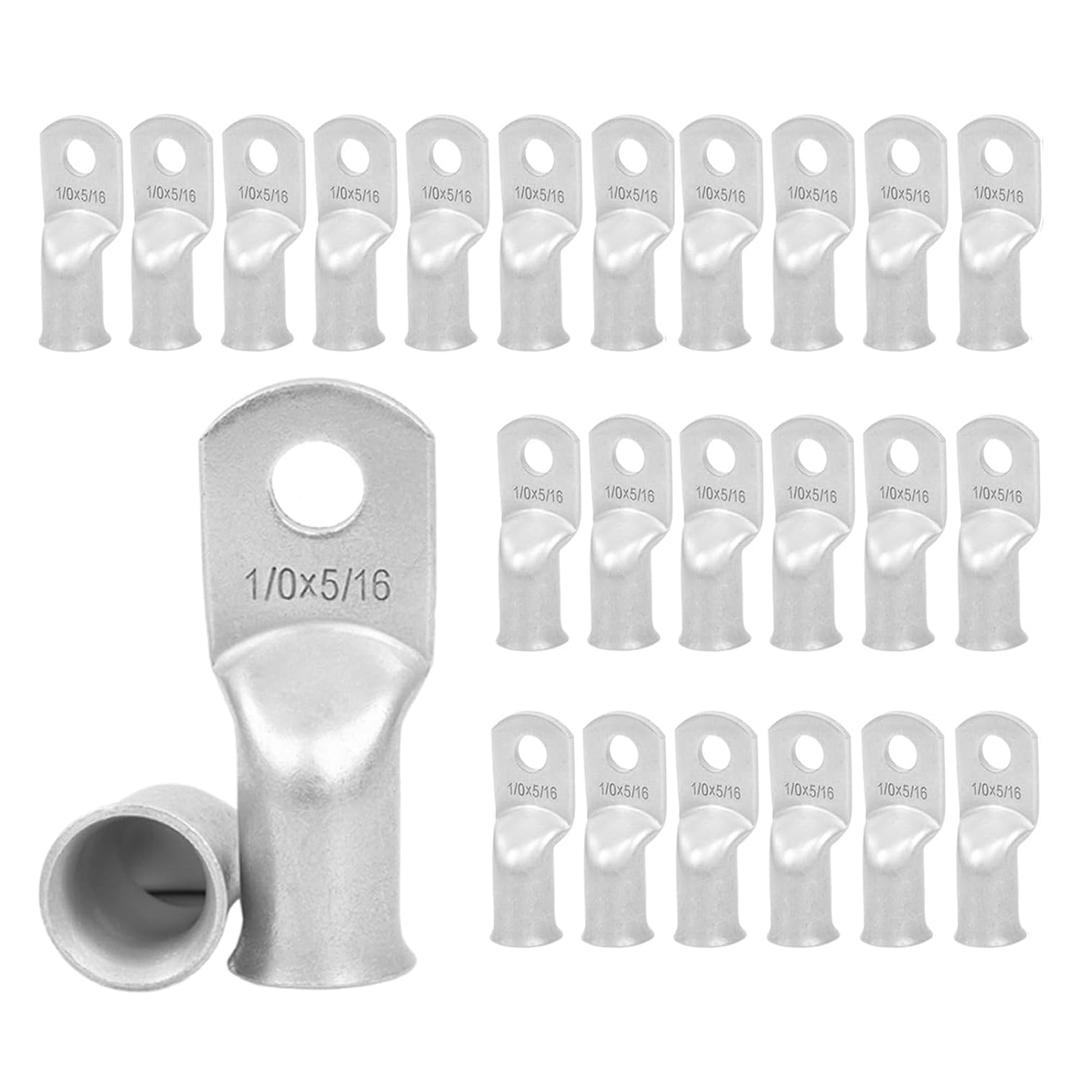 25Pcs 1/0 AWG 5/16"(M8) Stud Tinned Copper Ring Terminals Battery Cable Ends Wire Lugs 1/0 Gauge Battery Cable Lugs Heavy Duty Cable Lugs Bare Copper Eyelets Tubular Ring Terminal Connectors (Silver)