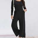 Womens Casual Jumpsuits One Piece Loose Stretchy Long Sleeve Fall Jumpsuit Wide Leg Long Pants Rompers with Pockets (Black)