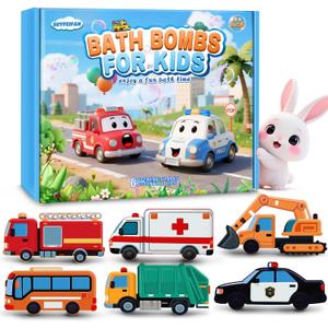 Easter Bath Bombs for Kids, Perfect Easter Basket Stuffers for Boys Girls, Handcrafted Car 6 Pack Natural Organic Bubble Bath Bomb Toys, Shaped Like Excavators, Police Car, School Buses, Fire Trucks