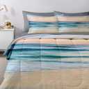 Nesker 7 Pcs Comforter Set Queen Size, Ocean Beach Coastal Bedding Set for Kids and Adults, Abstract Teal Bed Sheet Set with Fitted Sheet 2 Pillowcases & 2 Shams