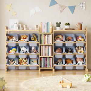 SpaceAid Large Toy Storage Organizer with 6 Shelves and 18 Bins, Book Shelf Organizers Storage Bookshelf, Kids Bin Shelf Box Bookcase for Bedroom Playroom Organization Room Decor, Neutral Gray, 59.4"W, 6 Shelves, 18 Bins