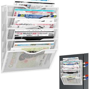 5-Tier Magnetic File Organizer, No Drilling Installation, White Magnetic Paper Holder, Magazine Rack for Refrigerator and File Cabinets