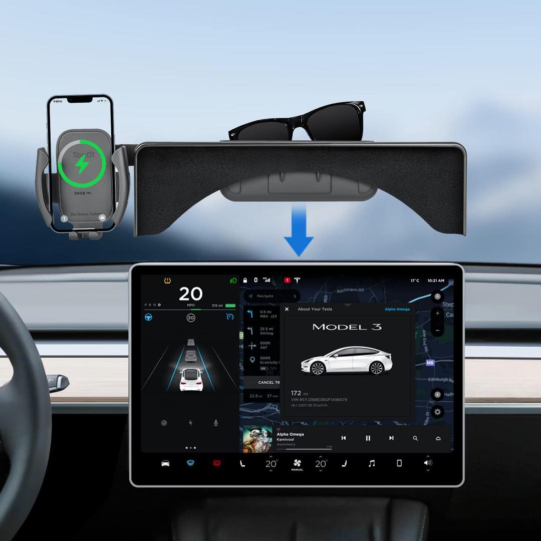 Topfit for Tesla Model 3 Y Monitor Phone Mount and Sunglasses case Fixed Clip Safety Car Cell Phone Holder Stand for Tesla Accessories