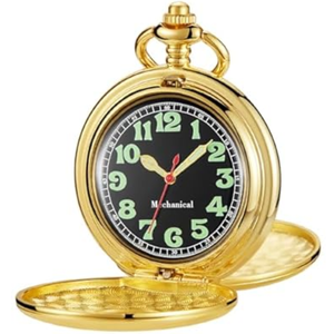 Men's Mechanical Pocket Watch Black Rudder Pattern Double Open Hollow Roman Numerals Pocket Watch