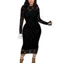 Binightt Womens Floral Lace Bodycon Midi Dress Long Sleeve Sexy See Through Mesh Club Party 2 Piece Dress Set Black S