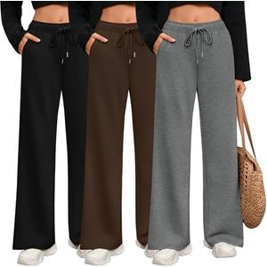 Riyiper 3 Pack Women Wide Leg Sweatpants Drawstring Straight Pants Elastic Waist Joggers Open Bottom Sweatpants with Pockets(Dark Gray, Coffee, Black,XL)