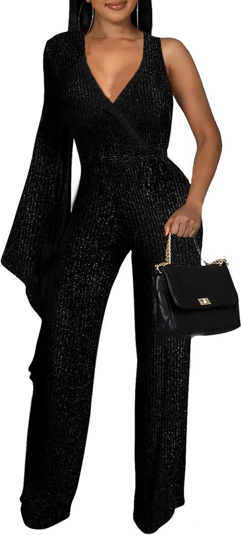 sexycherry Formal Jumpsuit for Women Dressy Elegant Long Straight Pants Jumpsuits for Party Club with Zipper (Small, Black/Sparkly)