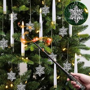 Christmas Tree Candles with Magic Wand 12 Pack Flameless Candles for Christmas Tree Flickering Battery Operated LED Candle for Holiday Home Party Decor with Snowflake