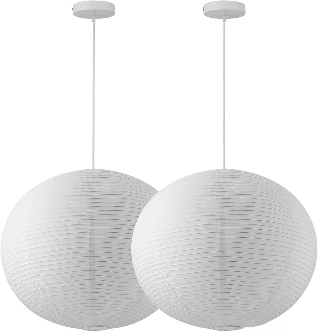 Large Paper Lamp Pendant Light Kit, 20in White Globe Lantern | Rice Paper Lantern Lights, E26 Base, Japanese Hanging Lamp Japandi Chandelier for Living Dining Room Bedroom Office 2 Pack, 19.7in