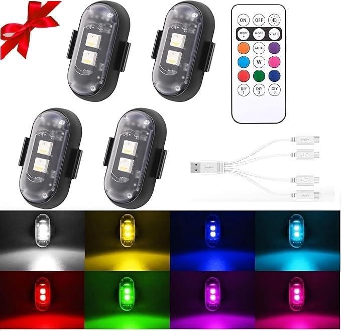 4PCS Wireless LED Strobe Lights with Remote Control,8 Colors USB Charing Waterproof Anti-Collision Warning Lights,High Brightness Wireless LED Lights for Car Drone Truck Motorcycle Aircraft Bike