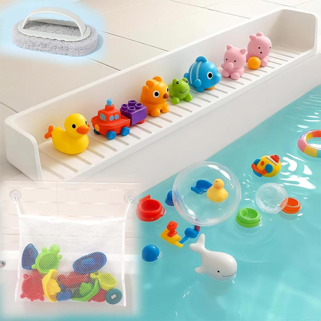 Extra Long White Bathtub Splash Guard Splash Guard Silicone Toy Shelf Holder Prevent Water Spills Kid Bath Tub Accessories (2.6FT, White)