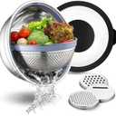 P&P CHEF 4-In-1 Stainless Steel Colander with Bowl Set, Rotatable Strainers for Kitchen, Fruit Cleaner, Washing Fruit & Draining Pasta, Mixing Bowl and Lid with Grater for Salad, Black