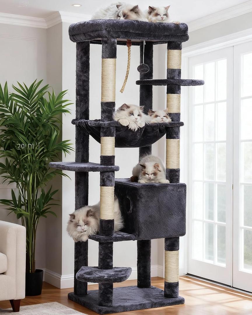 Heybly Cat Tree for Large Cats 20lbs Heavy Duty, 60 inches XXL Cat Tower for Indoor Cats, Multi-Level Furniture Condo with Big Padded Plush Perch, Cozy Basket, Smoky Gray HCT050G