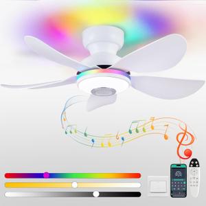 Kviflon 36 Inch White Ceiling Fan with Light, 5 Blades Flush Mount Fan with RGB & 3 CCT Dimmable Light, APP & Remote Control, Built-in Speaker, Reversible, 6 Speeds for Bedroom Living Room