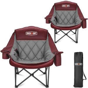 Overmont 2PCS Oversized Camping Chair for Adults - 400lbs Support Heavy Duty Padded Folding Chair with Cooling Bag Cup Holder Side Pocket Carry Bag - Comfortable Portable for Outdoor Garden Sports (Red)