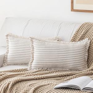 Striped Farmhouse Throw Pillow Covers 12X20 Set of 2 Boho Pillow Cover with Fringe Tassel Chic Cotton Decorative Pillows Modern Neutral Lumbar Cushion Pillowcase for Sofa Couch Bed, Khaki