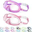 Vvinca 2 Pcs Kids-Swim-Goggles with Nose Cover, Swimming Diving Mask Wide View Anti Fog UV Anti Shattered Lens for Kids 3-6 (02-Pink & Purple)