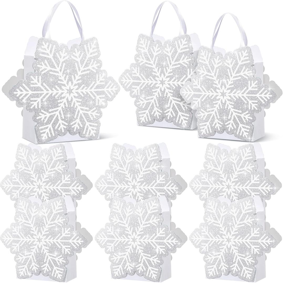 Kolldenn 12 Pcs Glitter Winter Snowflake Paper Bags Snowflake Party Favors Gift Bags with Handle for Winter Holiday Birthday Wonderland Party Supplies Candy Treat Goodie