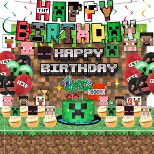 Pixel Birthday Party Decorations, Party Supplies Set Including Balloons, Backdrop, Banner, Tablecloth, Hanging Swirls, Cake Cupcake Toppers for Pixel Theme Party