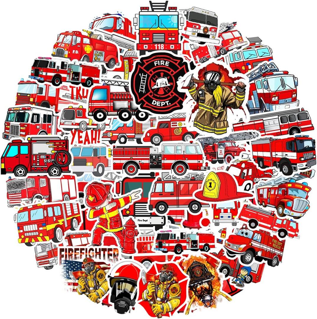 5 x Fire Truck Stickers, Gift for Kids Teen, Cute Waterproof Vinyl Decals for Travel Luggage Suitcase Laptop Water Bottle Skateboard Bike Helmet Guitar Scrapbook Diary Toy Phone Pad [50 PCS]