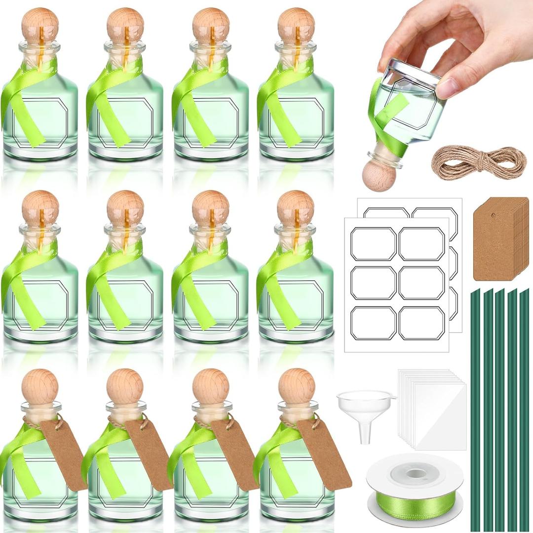 Baderke 12 Pcs 50 ml /1.7 oz Patron Shot Bottles Empty for Drinks Mini Tequila Shot Bottles Patron with Cork Lids Green Ribbon Reusable Glass Bottle for Weddings Birthday Party Favors DIY Crafts