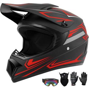Youth Kids Dirt Bike Motocross Helmet (Goggles Gloves Face Mask) 4PCS Set, DOT Approved Boys Girls Full Face Motorcycle Helmets, ATV BMX MX Mountain Bike Off Road Kid Helmet (Red, L)