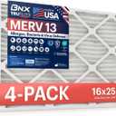 BNX TruFilter 16x25x1 Air Filter MERV 13 (4-Pack) - MADE IN USA - Electrostatic Pleated Air Conditioner HVAC AC Furnace Filters for Allergies, Pollen, Mold, Bacteria, Smoke, Allergen, MPR 1900 FPR 10
